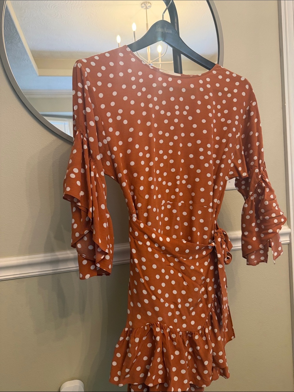 Maje Rust & White Polka Dot Tie-Waist Ruffle Mini Dress